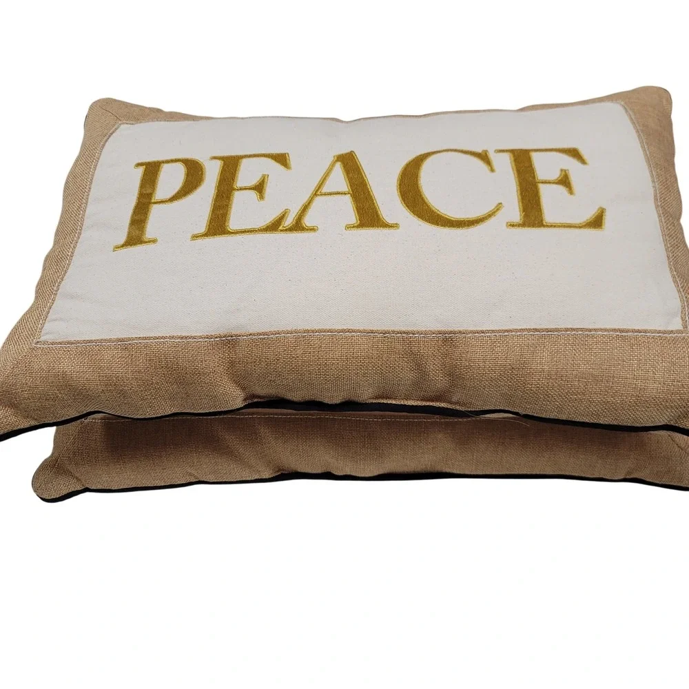 Set/2 Peace Embroidered Throw Pillow Burlap Decorative Accent Cushion‎ Farmhouse